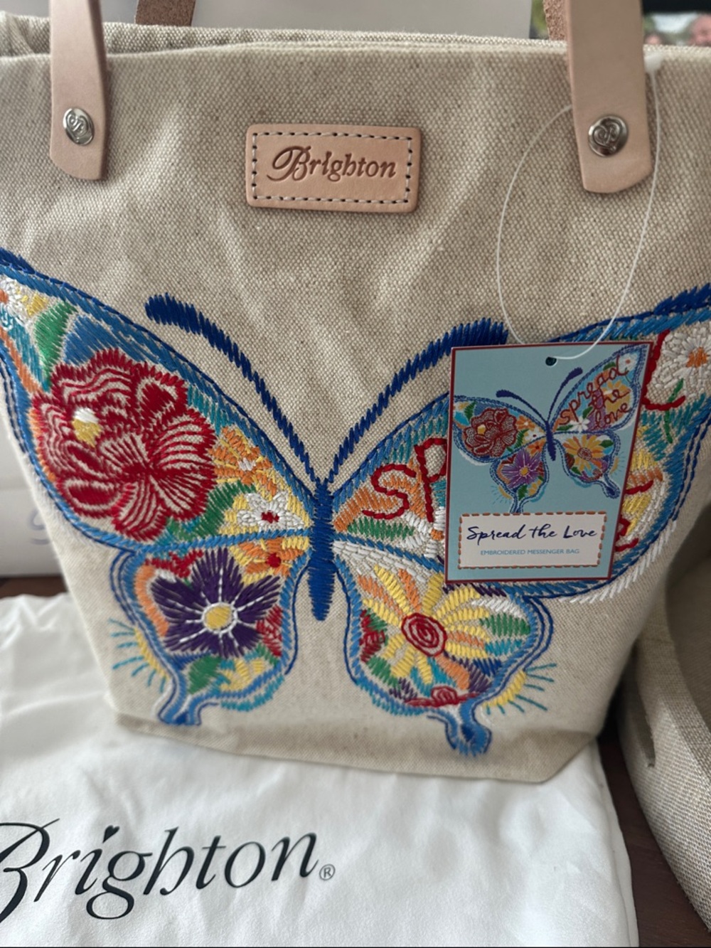 NWT Brighton Beige Canvas Tote with Colorful Embroidered Butterfly - Picture 2 of 10